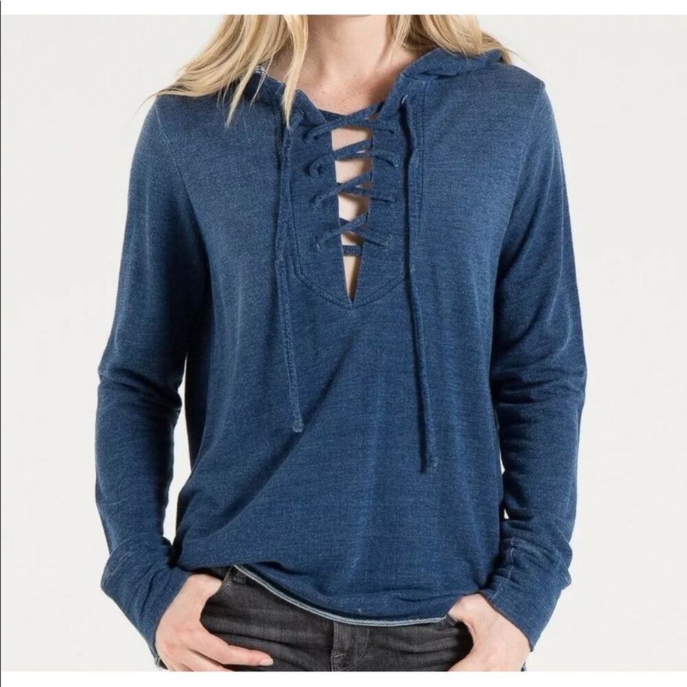 Cloth & Stone tie front hoodie long sleeve top XS blue Anthropologie